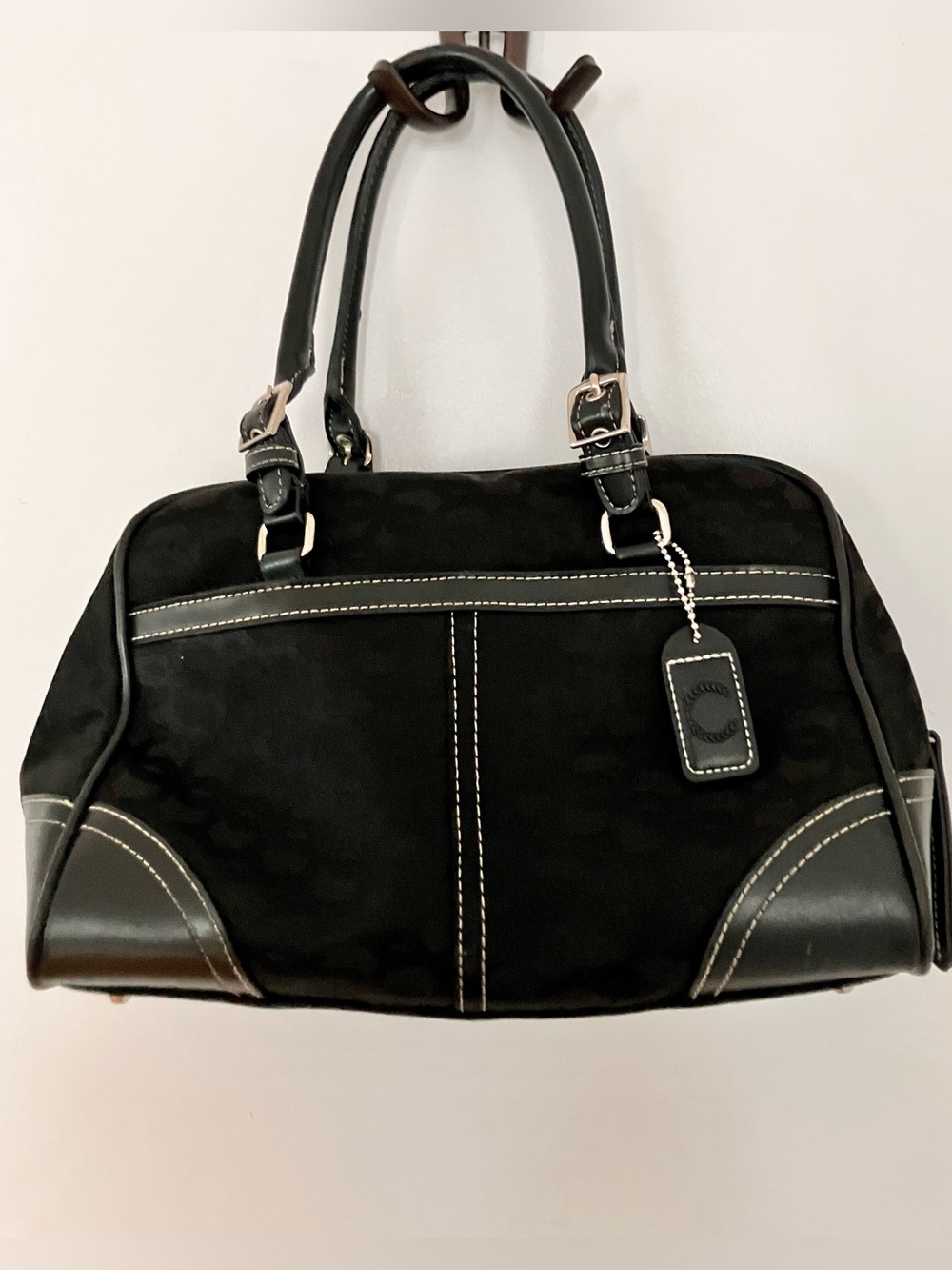ALFRED SUNG Black Shoulder Satchel with Contrast Stitching
